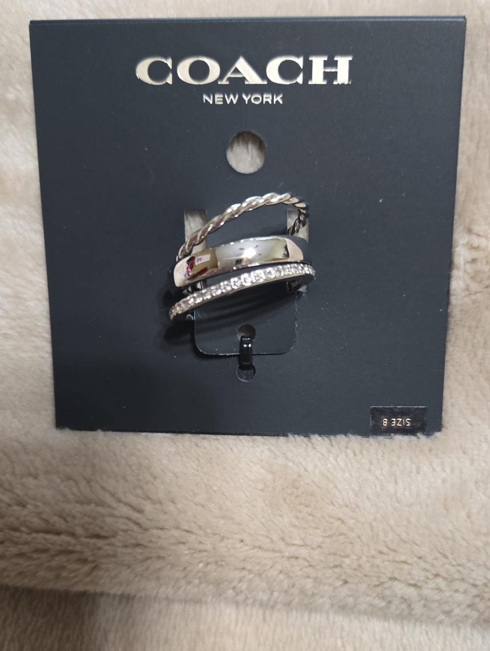 COACH Silver-Tone Triple Band Ring with Crystal Pavé and Rope Detail